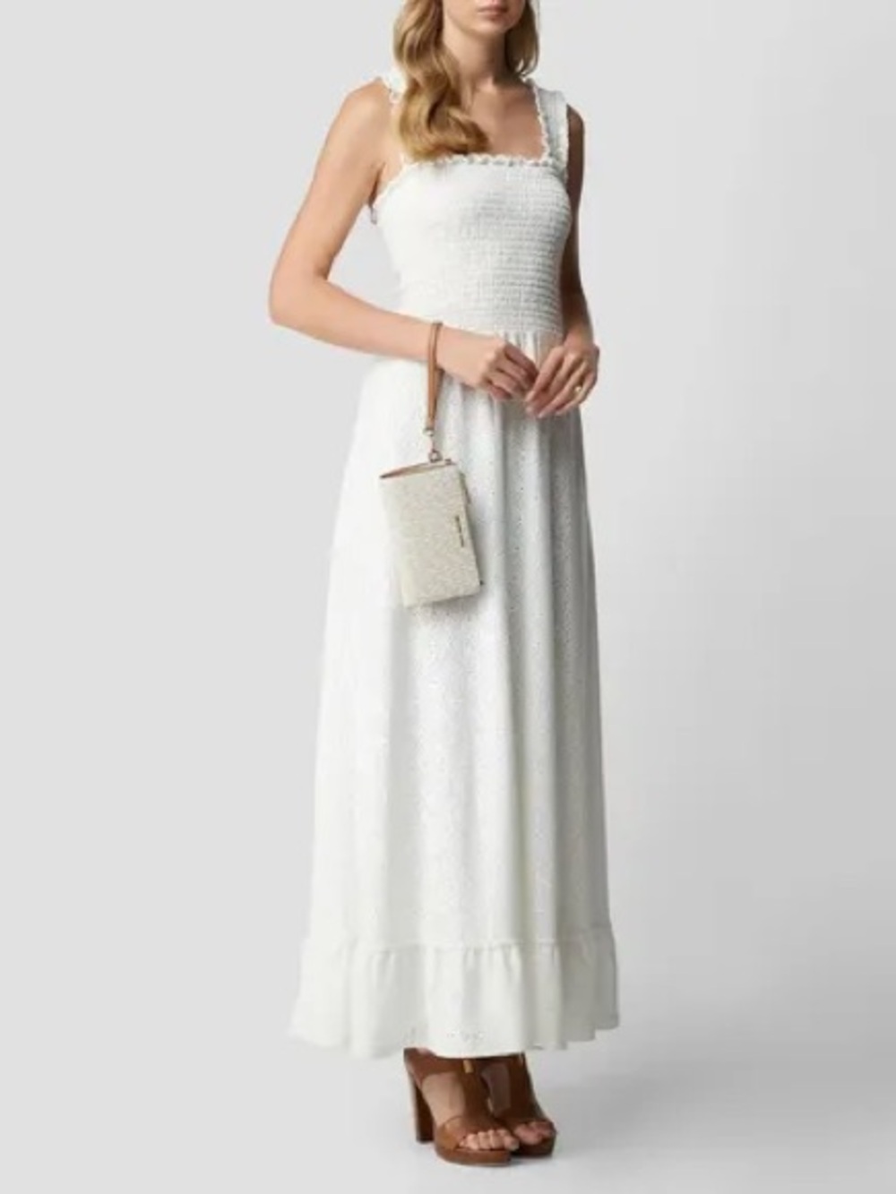 Michael Kors White Smocked Eyelet Maxi Dress XL Cottagecore Boho Summer